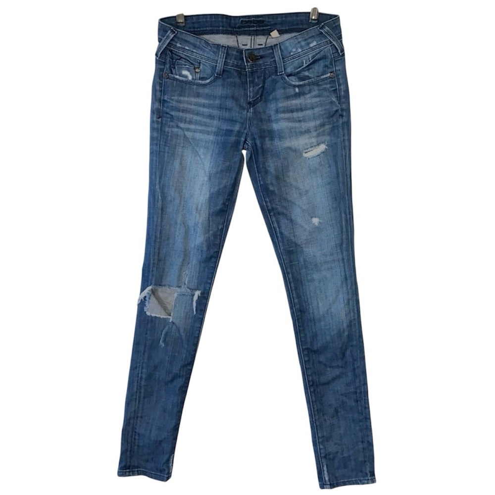 BEBE Premium Denim Jeans Ripped Distressed Vintage Crinkle Wash Womens Size 27